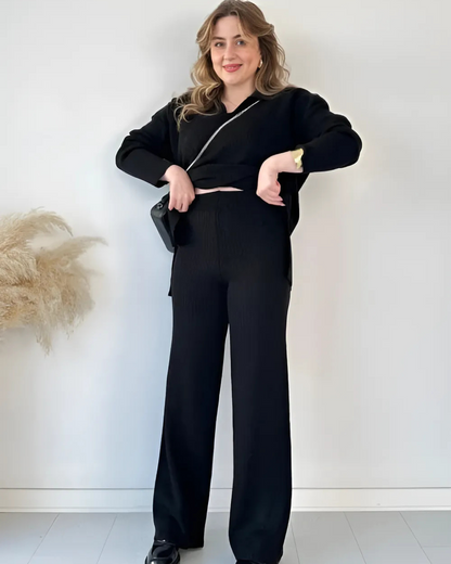 Conjunto de Suéter Informal Holgado de Punto de Manga Larga y Pantalón Ancho