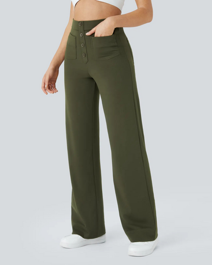 Pantalón Recto de Talle Alto con Botones Decorativos y Bolsillos Delanteros de Estilo Práctico