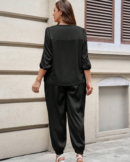 Conjunto Casual de Verano para Mujer de 2 Piezas con Camisa de Manga 3/4 y Pantalón Capri con Cordón de Ajuste