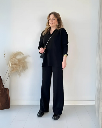 Conjunto de Suéter Informal Holgado de Punto de Manga Larga y Pantalón Ancho