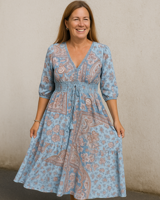Vestido Floral con Fruncido en el Pecho y Mangas 3/4