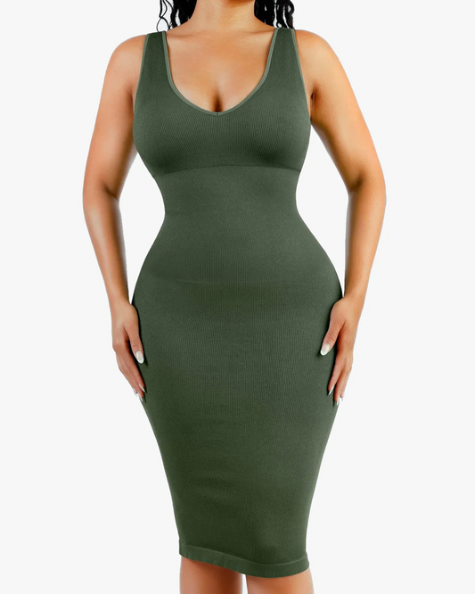 Vestido moldeador con profundo escote en V y control de abdomen