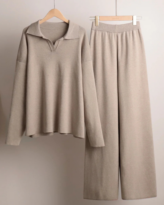 Conjunto de 2 Piezas para Mujer, Sudadera con Cuello de Polo y Pantalón de Pierna Ancha
