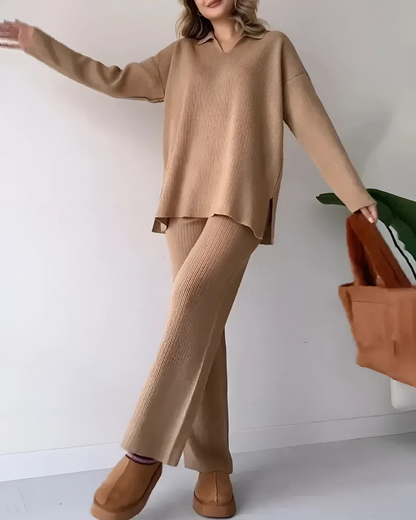 Conjunto Holgado de Dos Piezas con Suéter de Escote en V para Mujer