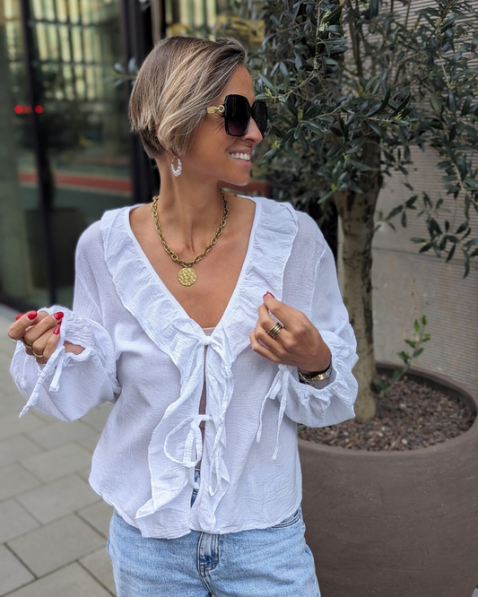 Blusa con Volantes y Lazo Delante en Tejido Ligero y Mangas Abullonadas