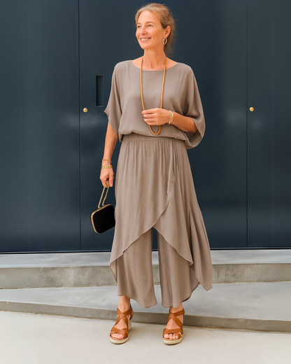 Conjunto de 2 Piezas con Blusa Holgada y Pantalón Ancho con Abertura