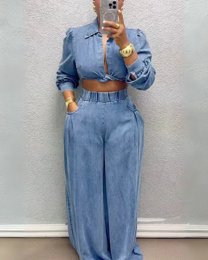 Conjunto formal de mujer con top de manga larga y pantalón ancho