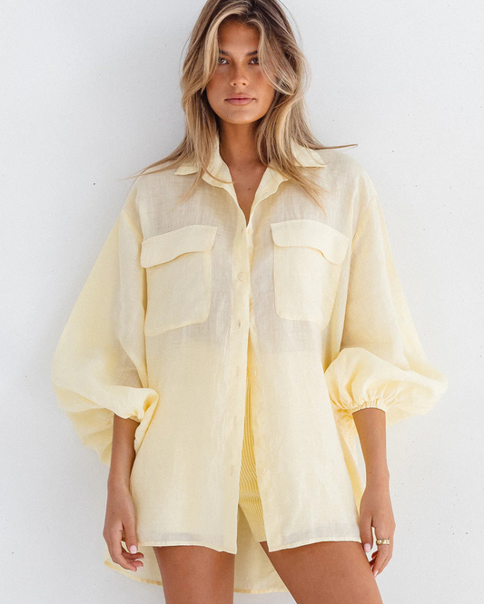 Camisa oversize de lino para mujer con diseño informal y mangas abullonadas