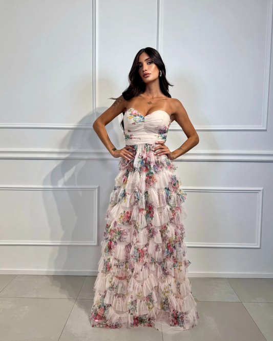Vestido Largo Escalonado sin Tirantes