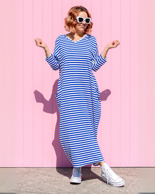 Vestido de Rayas con Cuello en V y Bolsillos Frontales para Mujer