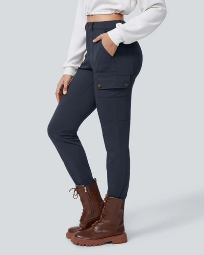 Pantalon Ajustado Plano de Mujer con Cintura Alta y Varios Bolsillos
