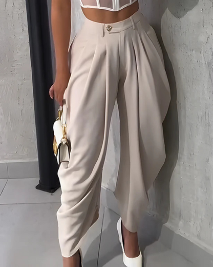 Pantalones informales de cintura alta y fruncido suelto para mujer
