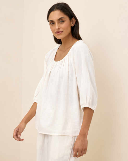 Blusa de Tejido de Doble Gasa y Cuello Redondo Ligera y Natural