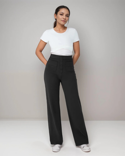 Pantalón Recto de Talle Alto con Botones Decorativos y Bolsillos Delanteros de Estilo Práctico
