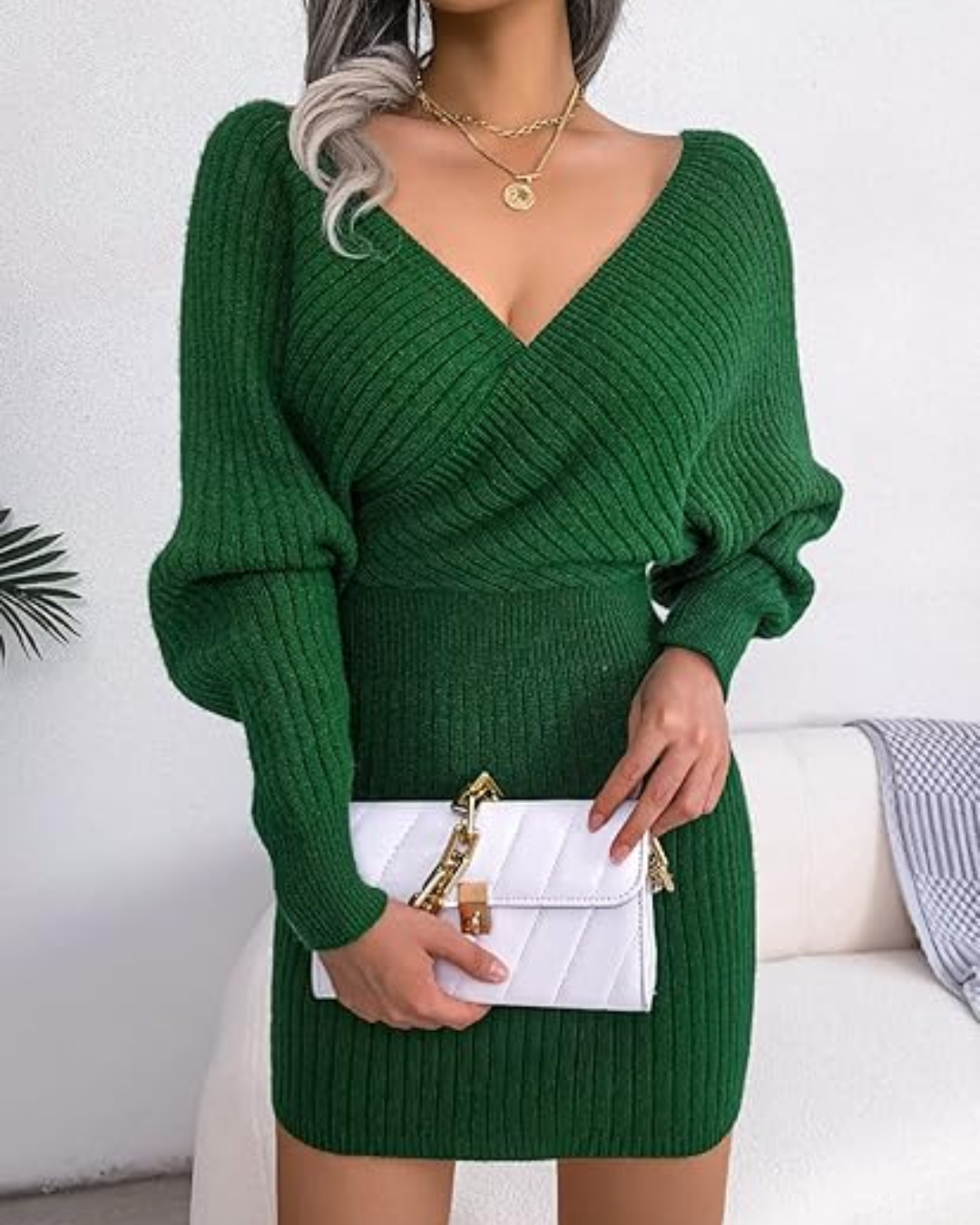 Vestido de Punto de Manga Larga con Elegante Escote en V®