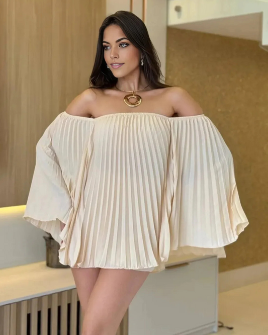 Vestido Corto Plisado con Mangas Anchas y Elegante Escote Bardot para Mujer