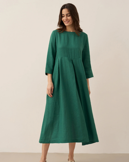 Vestido largo plisado de lino con cuello redondo