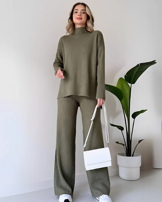 Conjunto Acanalado con Suéter de Cuello Alto y Pantalón Ancho para Mujer