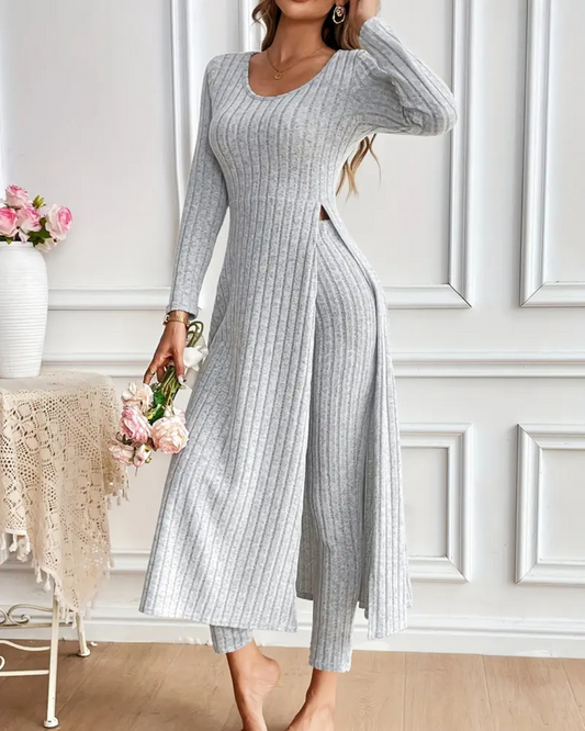 Conjunto de dos piezas con camisa de manga larga con cuello redondo y pantalones para mujer