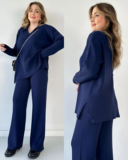 Conjunto de Suéter Informal Holgado de Punto de Manga Larga y Pantalón Ancho