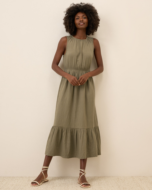 Vestido sin Mangas para Mujer en Lino con Volantes Ligero