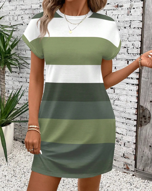 Vestido casual de cuello redondo con estampado de rayas de colores