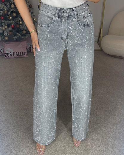 Pantalón estilo Vaqueros de Pierna Ancha con Diamante para Mujer