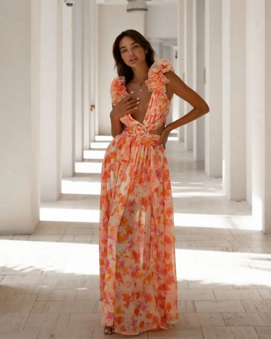 Vestido Largo de Estampado Floral con Volantes en los Tirantes y Cinturón Decorativo