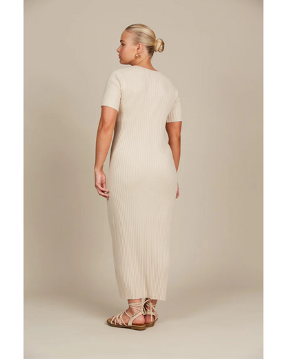 Vestido Largo de Manga Corta con Canalé para Mujer