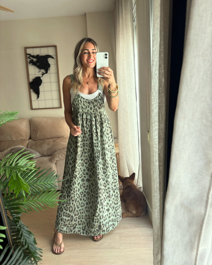 vestido de lino con estampado de leopardo