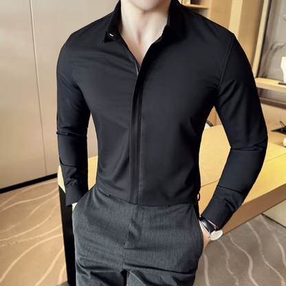 Camisa de Solapa de Color liso para Hombre con Cierre de Cremallera