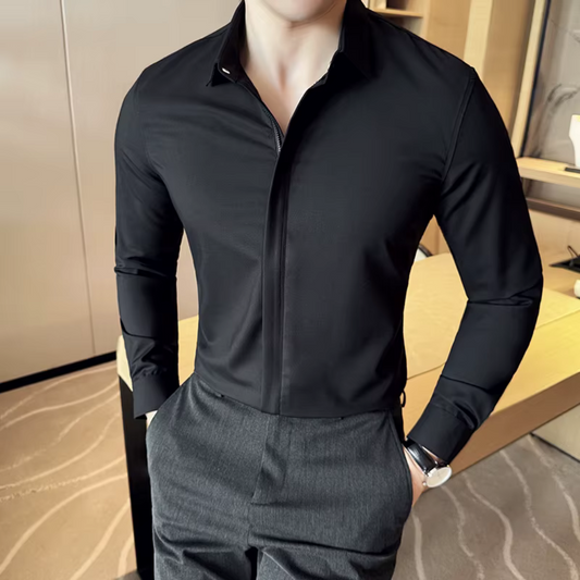 Camisa de Solapa de Color liso para Hombre con Cierre de Cremallera