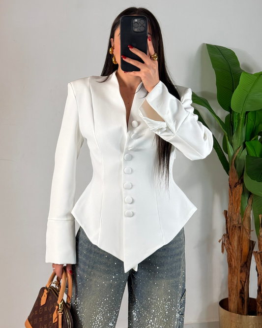 Blazer Elegante de Mujer con Escote en V y Botones Forrados Entallado Moderno