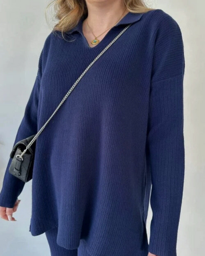 Conjunto de Suéter Informal Holgado de Punto de Manga Larga y Pantalón Ancho