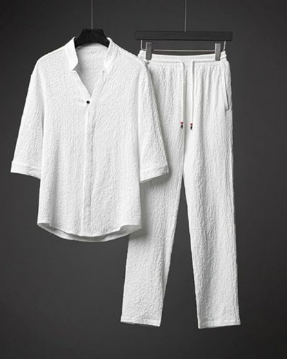Conjunto de dos piezas en lino y algodón con mangas cortas