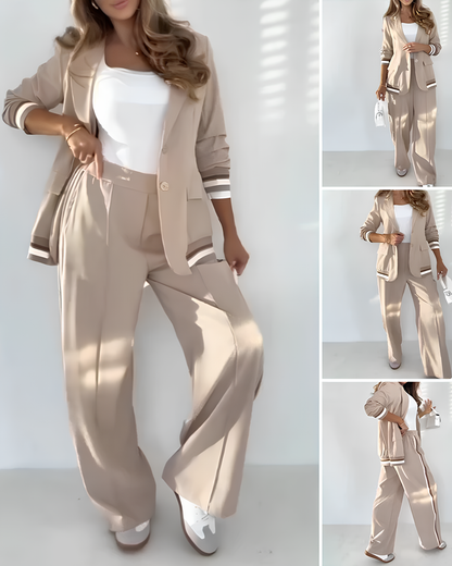 Conjunto Elegante de Blazer y Pantalón Palazzo en Beige Estilo Sofisticado y Moderno