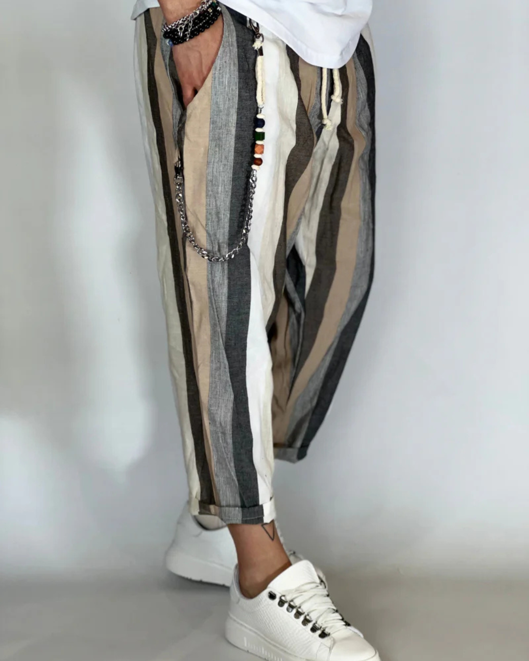 Pantalones de Rayas con Efecto Lino para Hombre