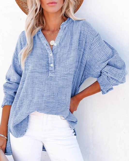 Camisa de Manga Larga con Cuello en V, Botones Frontales y un Diseño Clásico con Toque Moderno