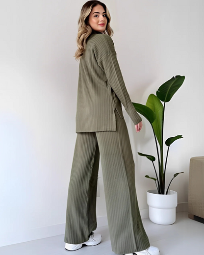 Conjunto Acanalado con Suéter de Cuello Alto y Pantalón Ancho para Mujer