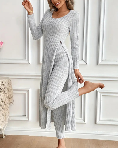 Conjunto de dos piezas con camisa de manga larga con cuello redondo y pantalones para mujer