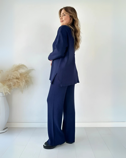 Conjunto de Suéter Informal Holgado de Punto de Manga Larga y Pantalón Ancho