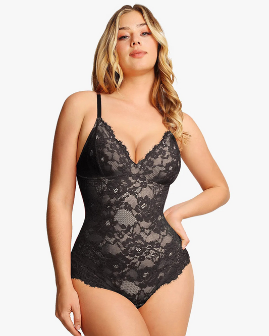 Body de Encaje Floral con Escote en V y Detalles de Transparencia Elegante