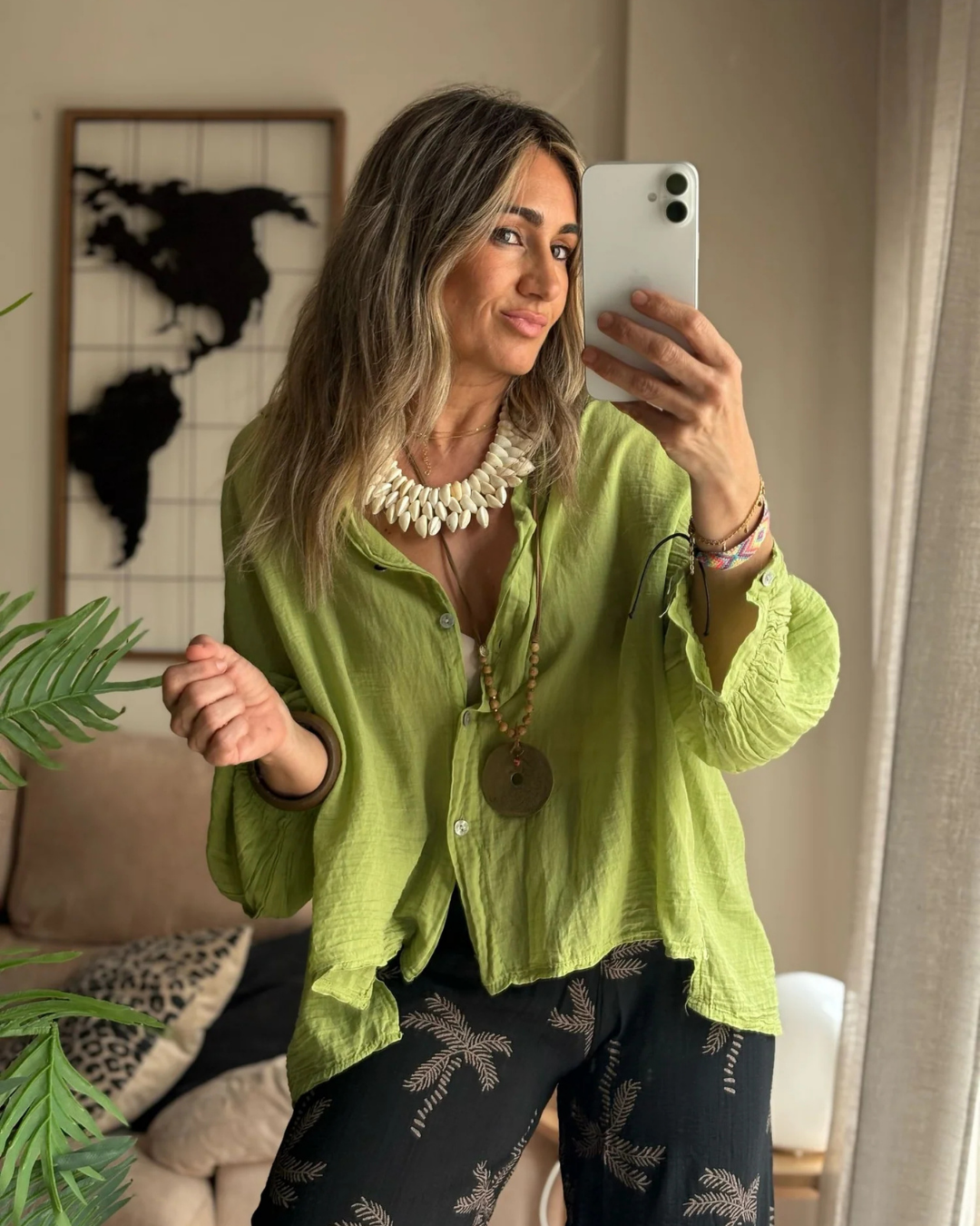 Camisa de Lino Con Botones y Manga Ajustable con Estilo Oversize para Mujer