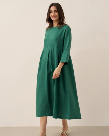 Vestido largo plisado de lino con cuello redondo