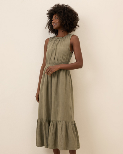 Vestido sin Mangas para Mujer en Lino con Volantes Ligero