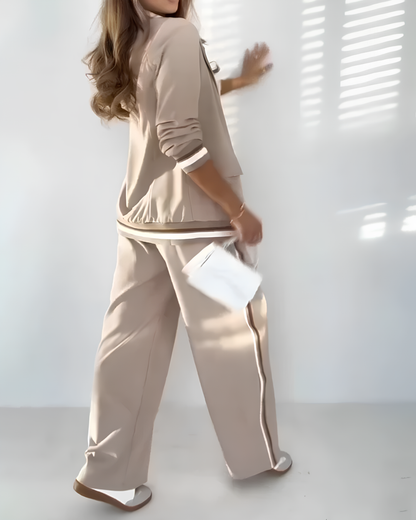 Conjunto Elegante de Blazer y Pantalón Palazzo en Beige Estilo Sofisticado y Moderno