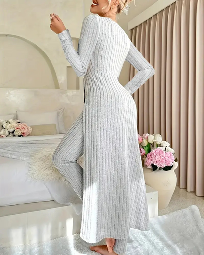 Conjunto de dos piezas con camisa de manga larga con cuello redondo y pantalones para mujer