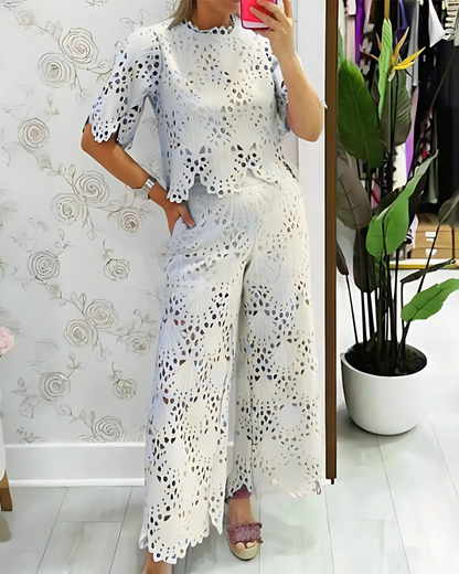 Conjunto de dos piezas con camisa de manga corta y pantalones anchos para mujer