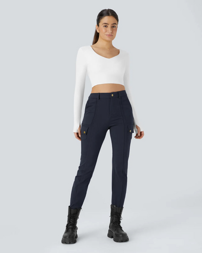 Pantalon Ajustado Plano de Mujer con Cintura Alta y Varios Bolsillos