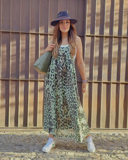 vestido de lino con estampado de leopardo